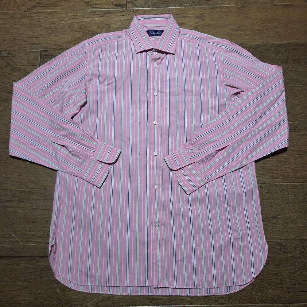 Ralph Lauren Purple Label Dress Shirt Large Pink Multicolor Stripe Made in Italy